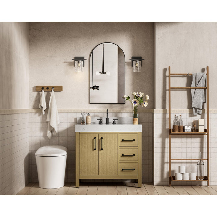 36 Inch Single Bathroom Vanity In Honey Brown With Backsplash - View 2 - Joshua Marshal