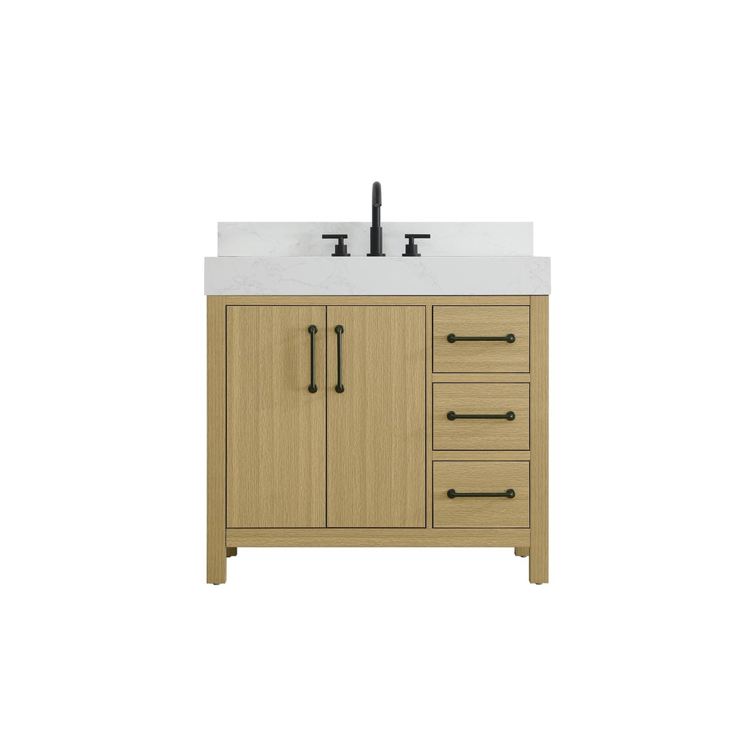 36 Inch Single Bathroom Vanity In Honey Brown With Backsplash - View 3 - Joshua Marshal