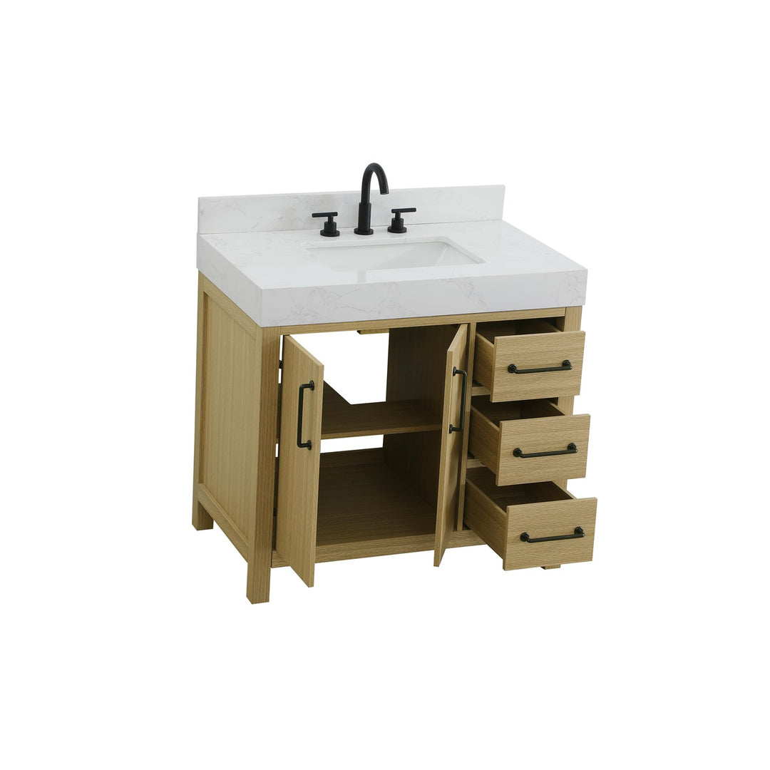 36 Inch Single Bathroom Vanity In Honey Brown With Backsplash - View 4 - Joshua Marshal