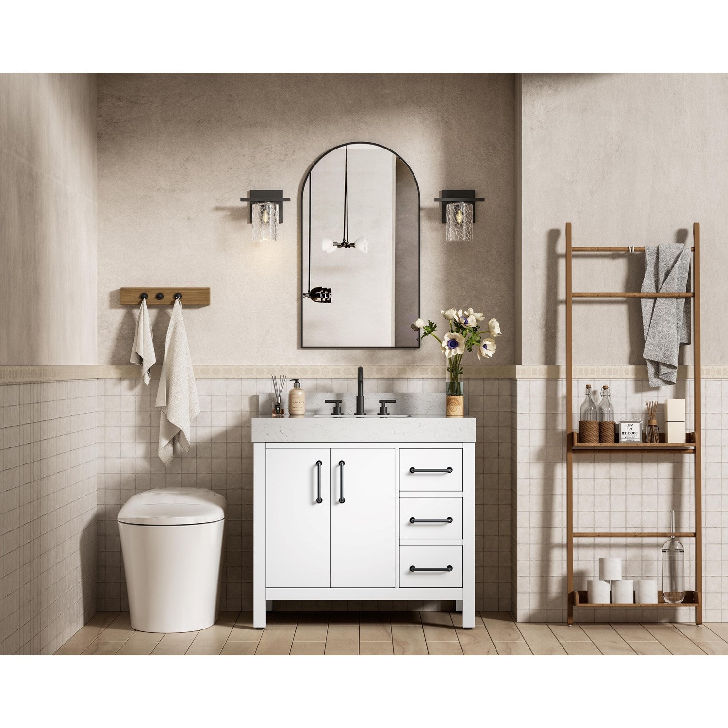 36 Inch Single Bathroom Vanity In White With Backsplash - View 2 - Joshua Marshal