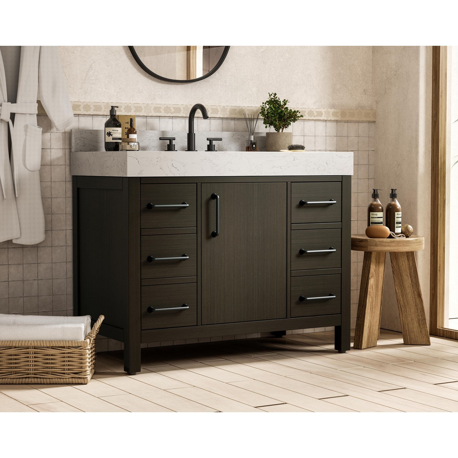 42 Inch Single Bathroom Vanity In Mocha Brown With Backsplash - View 2 - Joshua Marshal