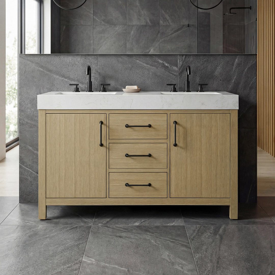 54 Inch Double Bathroom Vanity In Honey Brown Honey Brown Finish - KITCHEN & BATH by Joshua Marshal