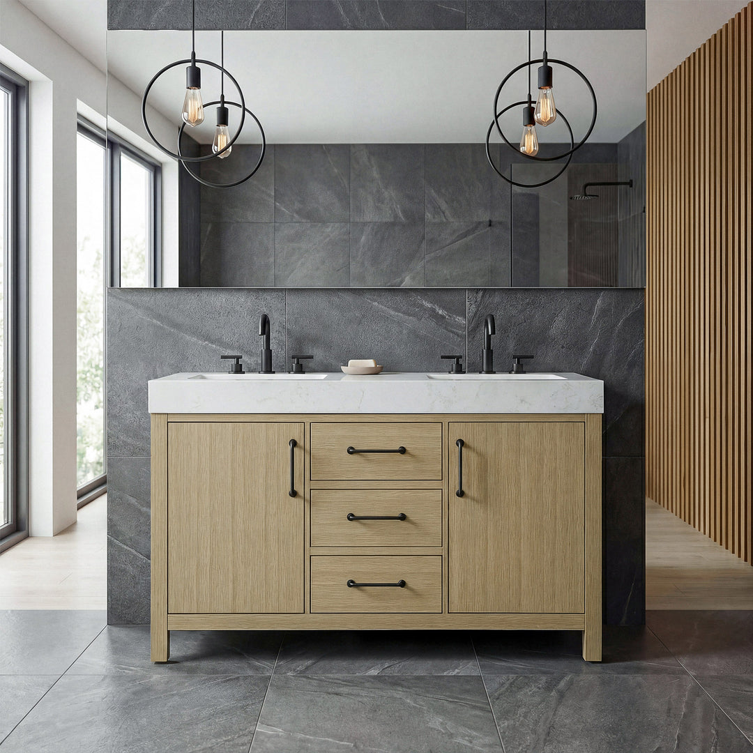 54 Inch Double Bathroom Vanity In Honey Brown - View 2 - Joshua Marshal