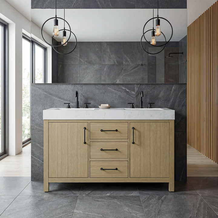 54 Inch Double Bathroom Vanity In Honey Brown - View 2 - Joshua Marshal