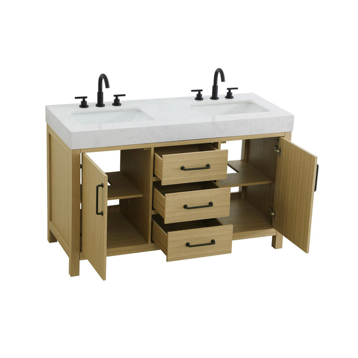 54 Inch Double Bathroom Vanity In Honey Brown - View 4 - Joshua Marshal