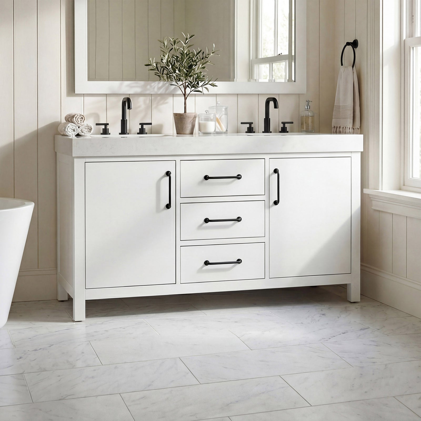 54 Inch Double Bathroom Vanity In White White Finish - KITCHEN & BATH by Joshua Marshal