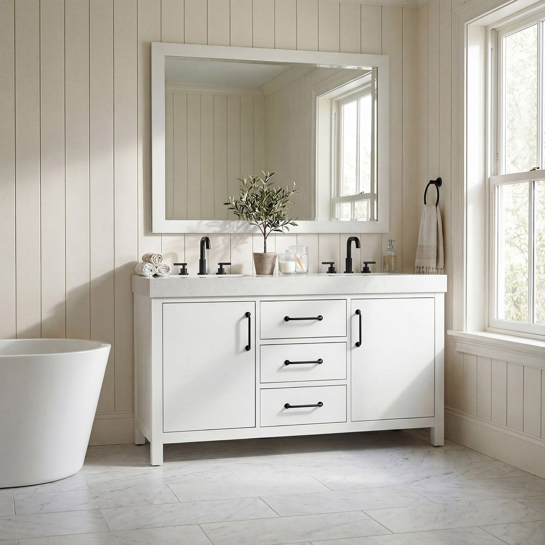54 Inch Double Bathroom Vanity In White - View 2 - Joshua Marshal