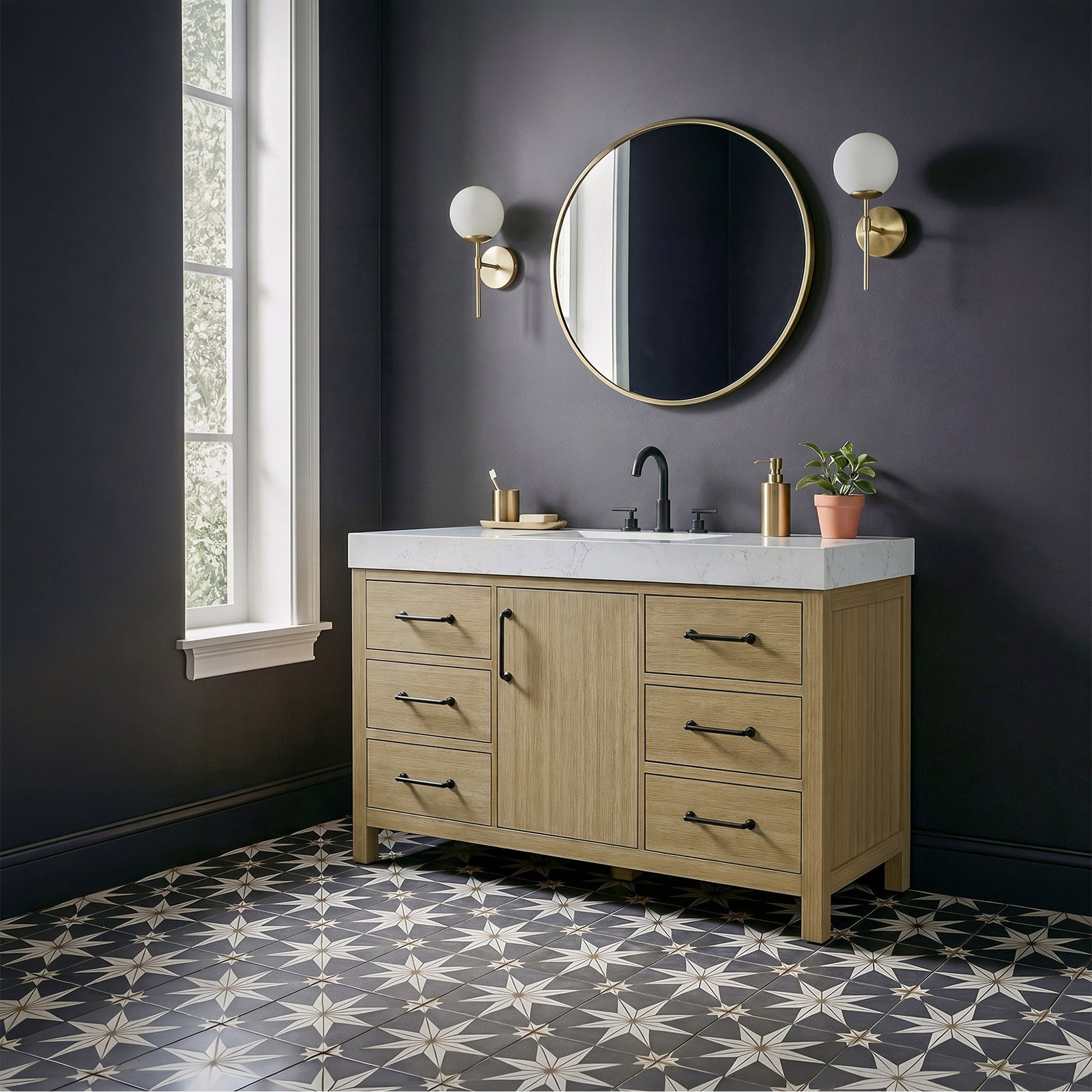 54 Inch Single Bathroom Vanity In Honey Brown - View 2 - Joshua Marshal