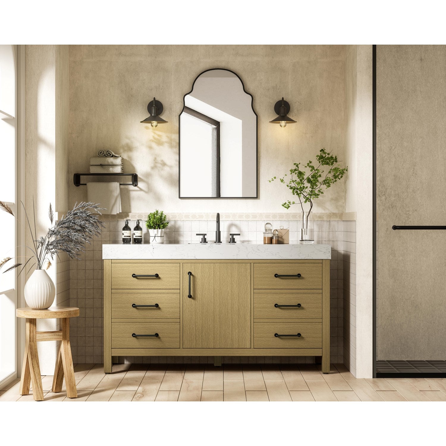 60 Inch Single Bathroom Vanity In Honey Brown - View 2 - Joshua Marshal