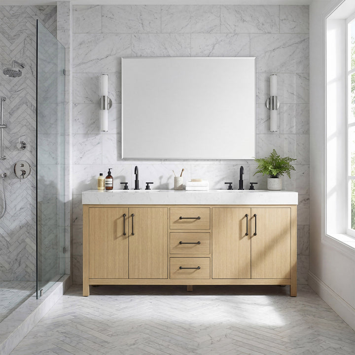 72 Inch Double Bathroom Vanity In Honey Brown - View 2 - Joshua Marshal