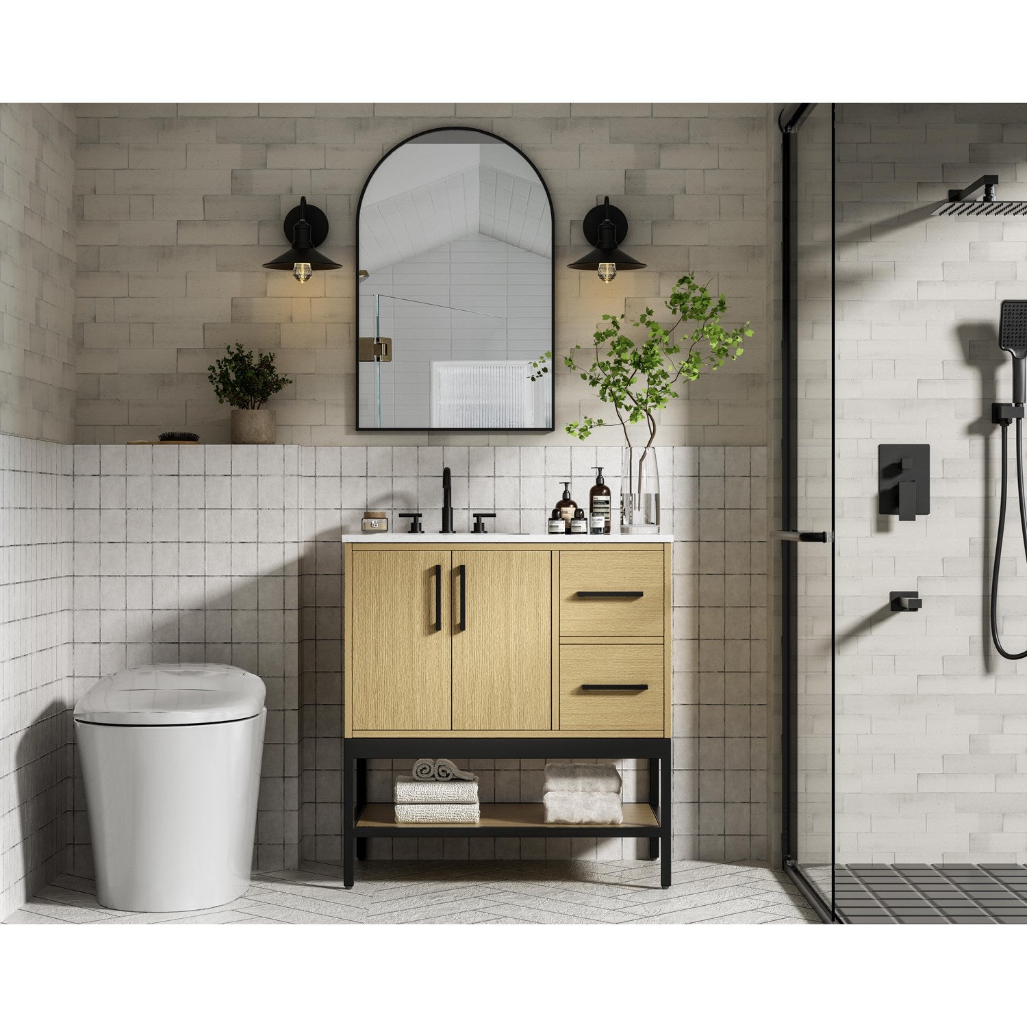 32 Inch Single Bathroom Vanity In Honey Brown - View 2 - Joshua Marshal