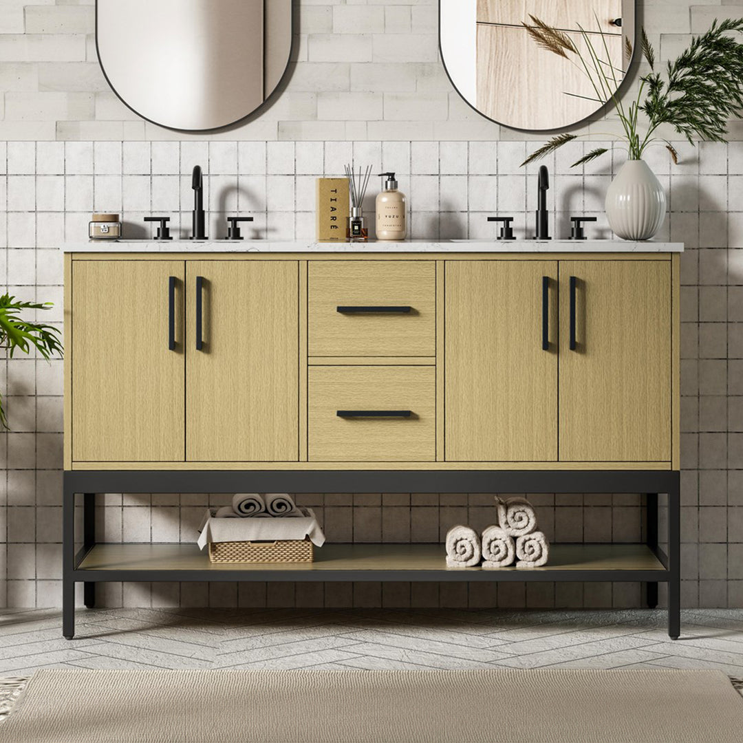 54 Inch Double Bathroom Vanity In Honey Brown Honey Brown Finish - KITCHEN & BATH by Joshua Marshal