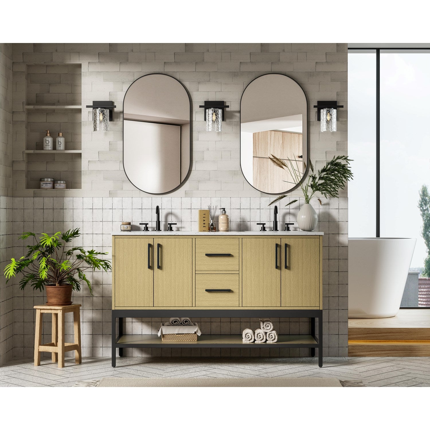 54 Inch Double Bathroom Vanity In Honey Brown - View 2 - Joshua Marshal