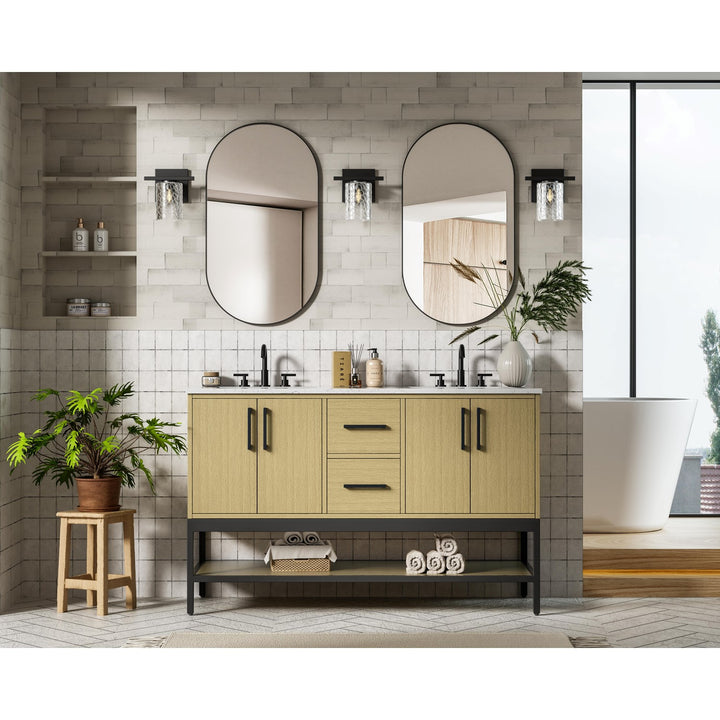 54 Inch Double Bathroom Vanity In Honey Brown - View 2 - Joshua Marshal