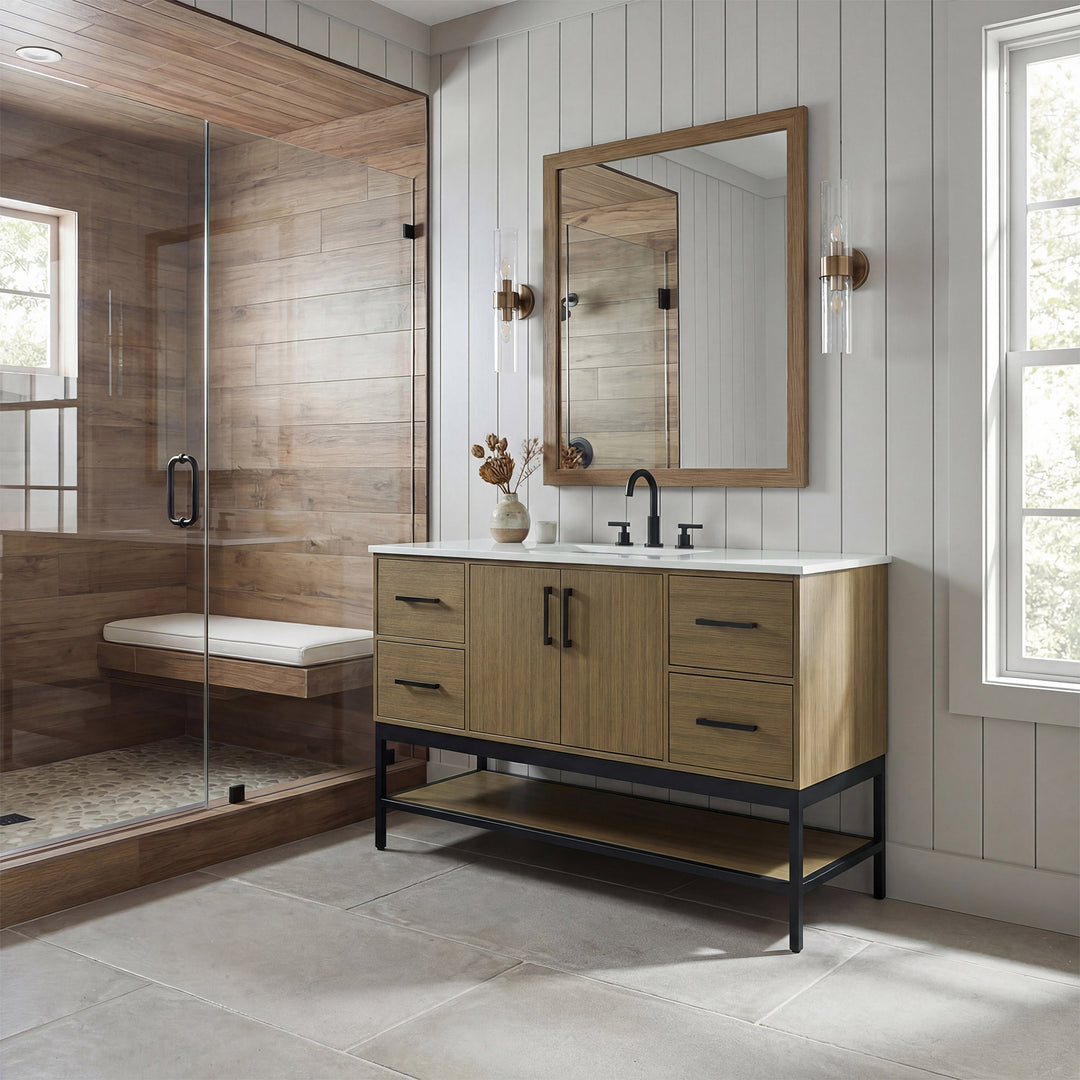 54 Inch Single Bathroom Vanity In Chestnut Brown - View 2 - Joshua Marshal