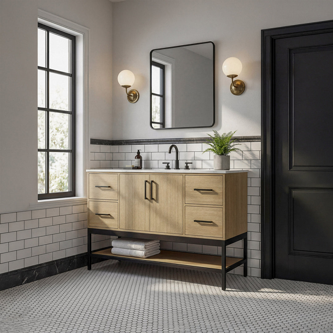 54 Inch Single Bathroom Vanity In Honey Brown - View 2 - Joshua Marshal