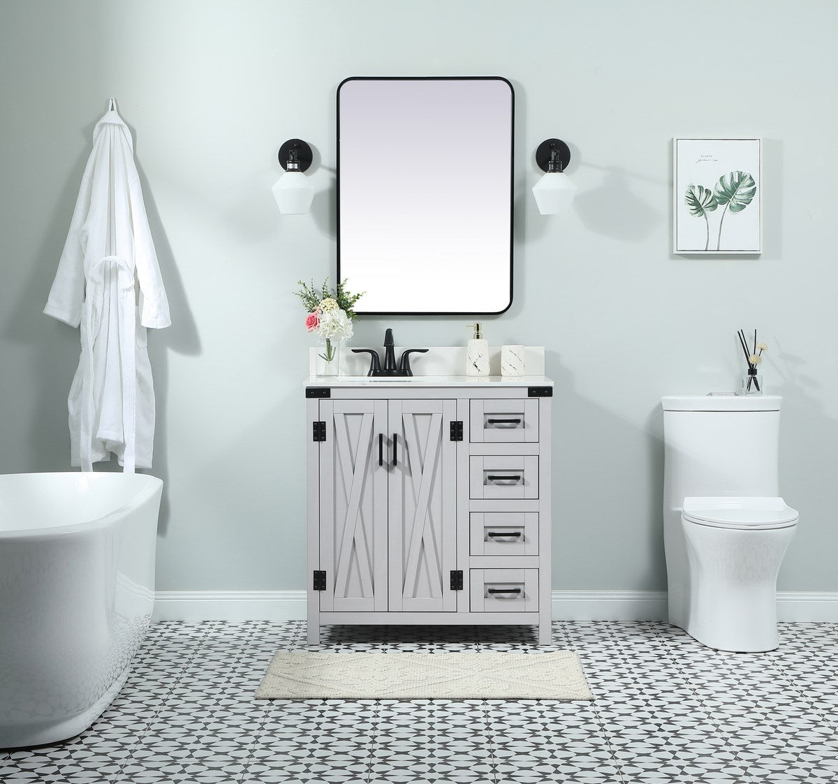 32 Inch Single Bathroom Vanity In Grey With Backsplash - View 2 - Joshua Marshal