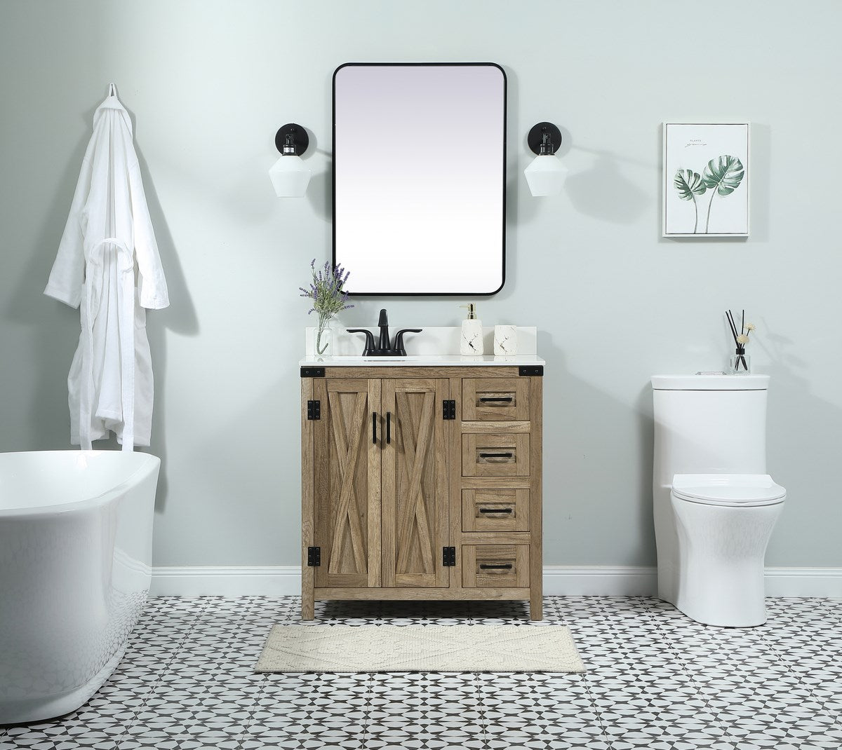 32 Inch Single Bathroom Vanity In Natural Oak With Backsplash - View 2 - Joshua Marshal