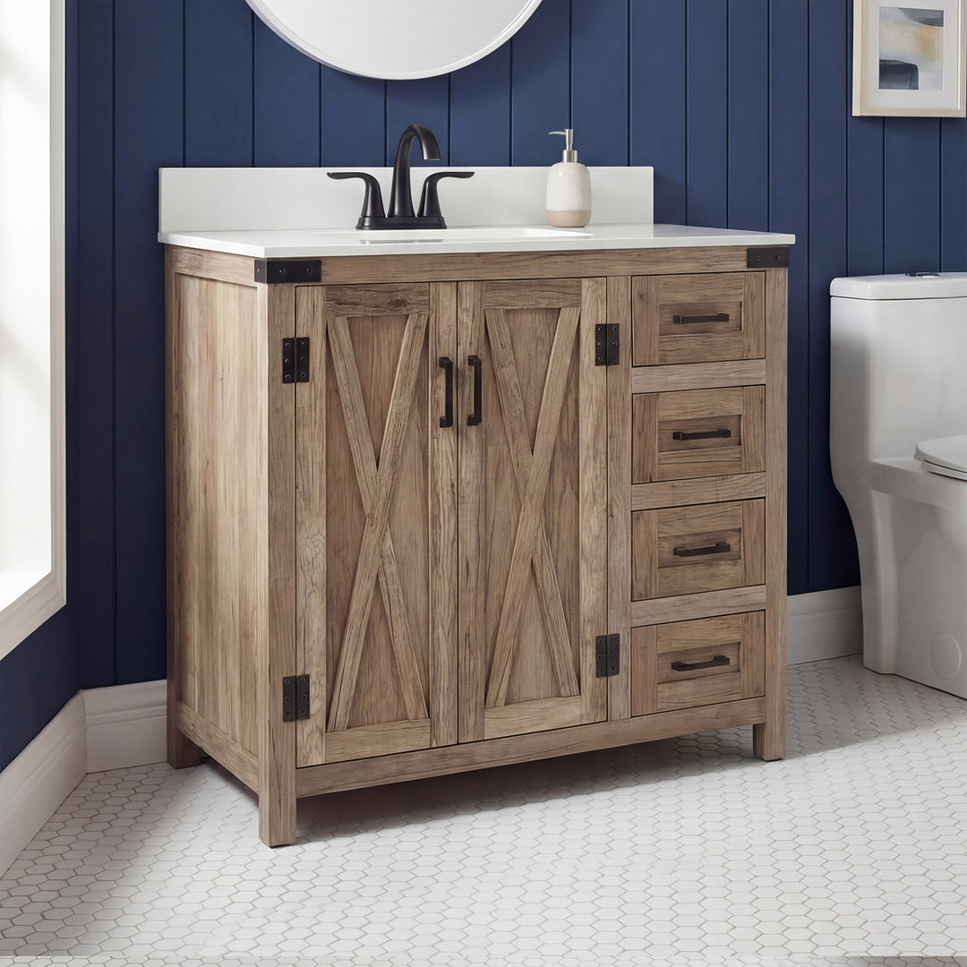 36 Inch Single Bathroom Vanity In Natural Oak With Backsplash Natural Oak Finish - KITCHEN & BATH by Joshua Marshal