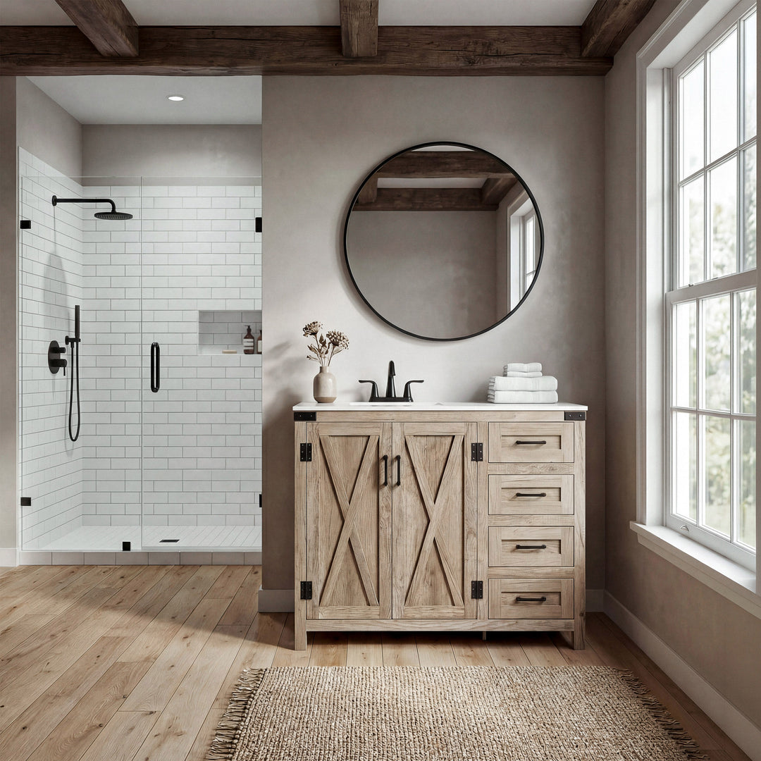 42 Inch Single Bathroom Vanity In Natural Oak - View 2 - Joshua Marshal