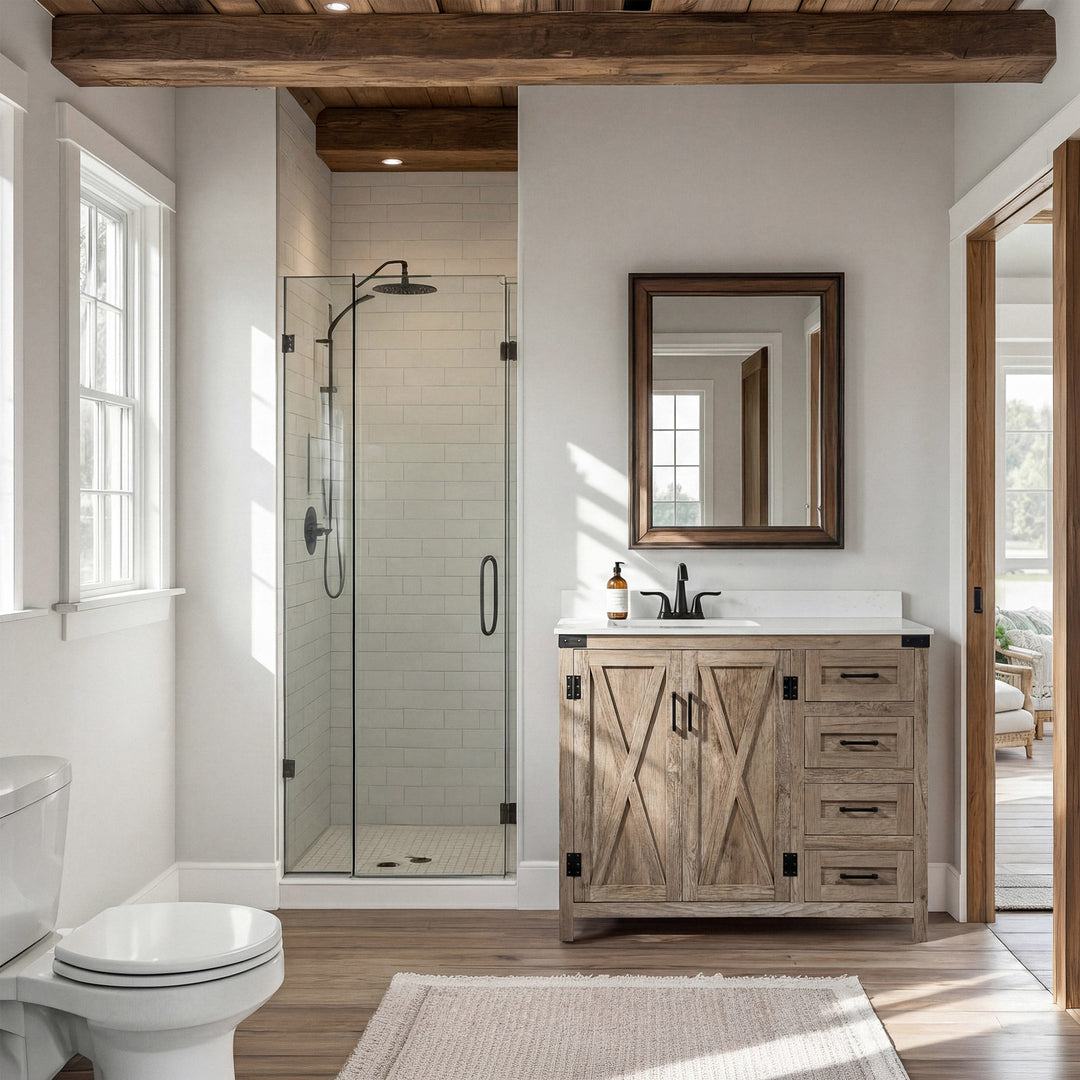 42 Inch Single Bathroom Vanity In Natural Oak With Backsplash - View 2 - Joshua Marshal