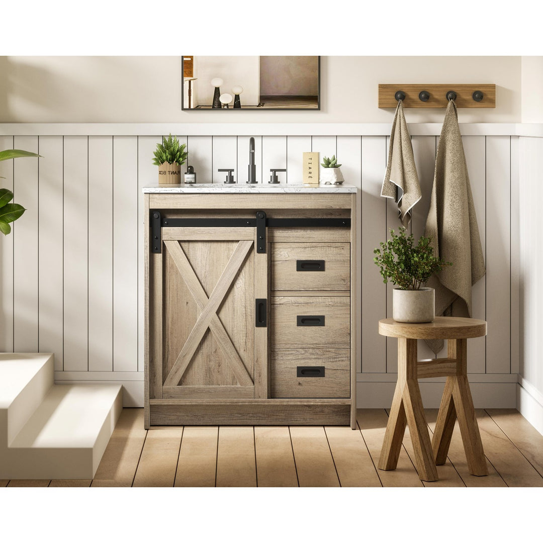 30 Inch Single Bathroom Vanity In Natural Oak - View 2 - Joshua Marshal