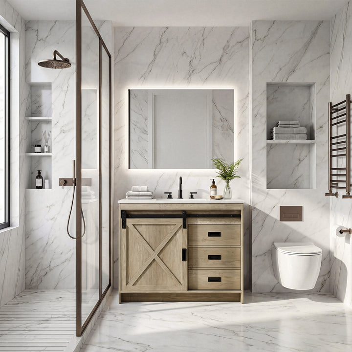 42 Inch Single Bathroom Vanity In Natural Oak - View 2 - Joshua Marshal