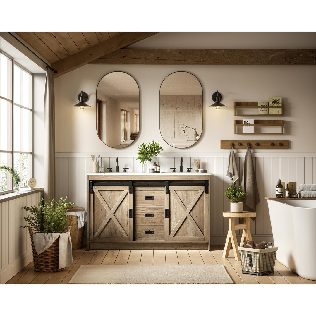 54 Inch Double Bathroom Vanity In Natural Oak - View 2 - Joshua Marshal