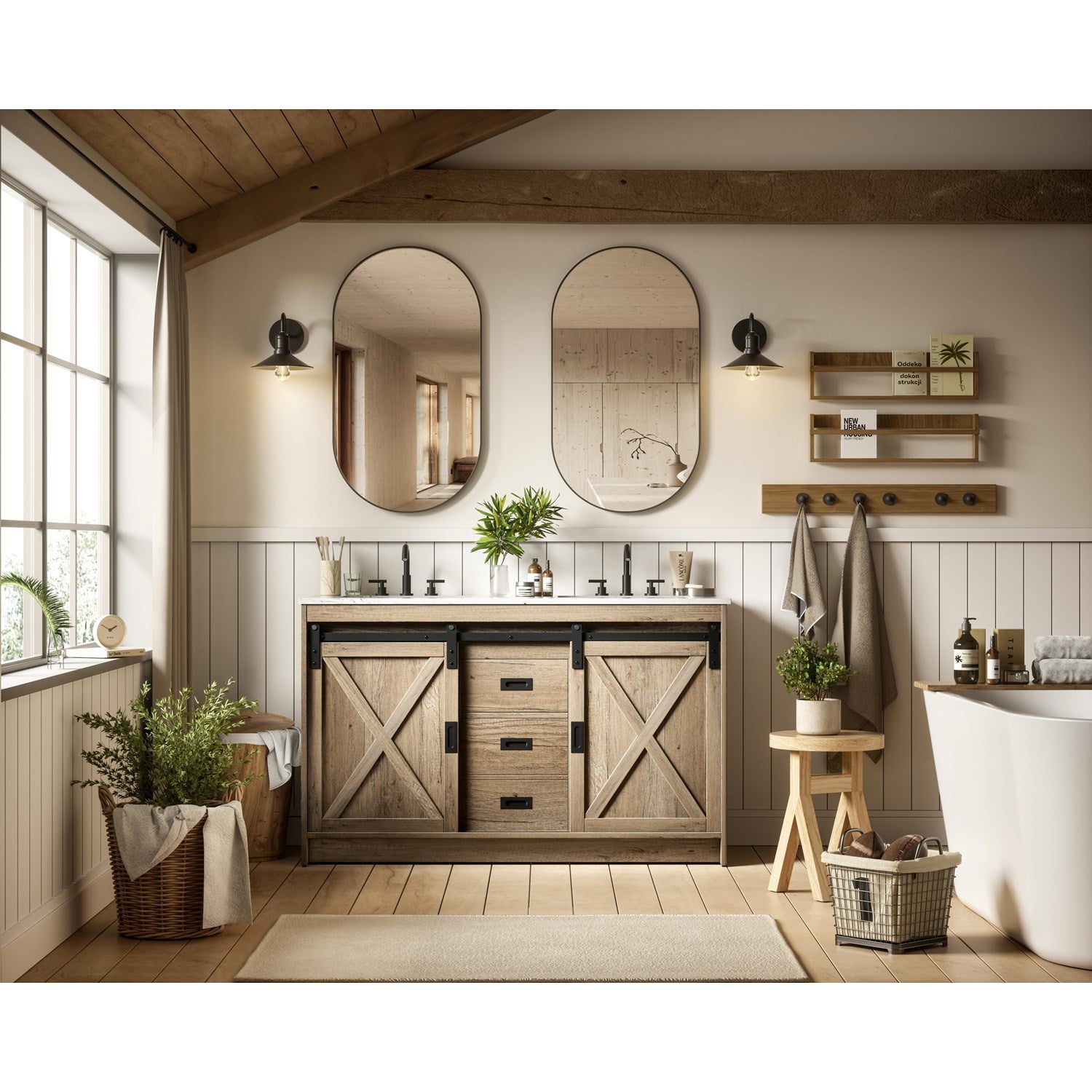 54 Inch Double Bathroom Vanity In Natural Oak - View 2 - Joshua Marshal