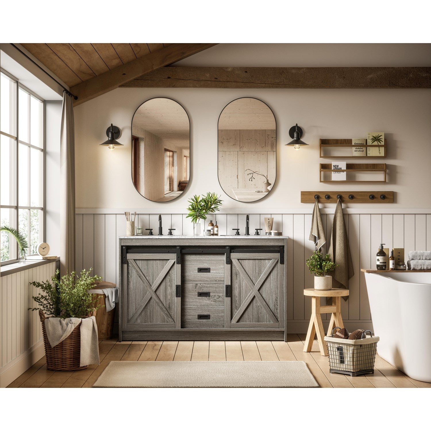 54 Inch Double Bathroom Vanity In Rustic Grey - View 2 - Joshua Marshal