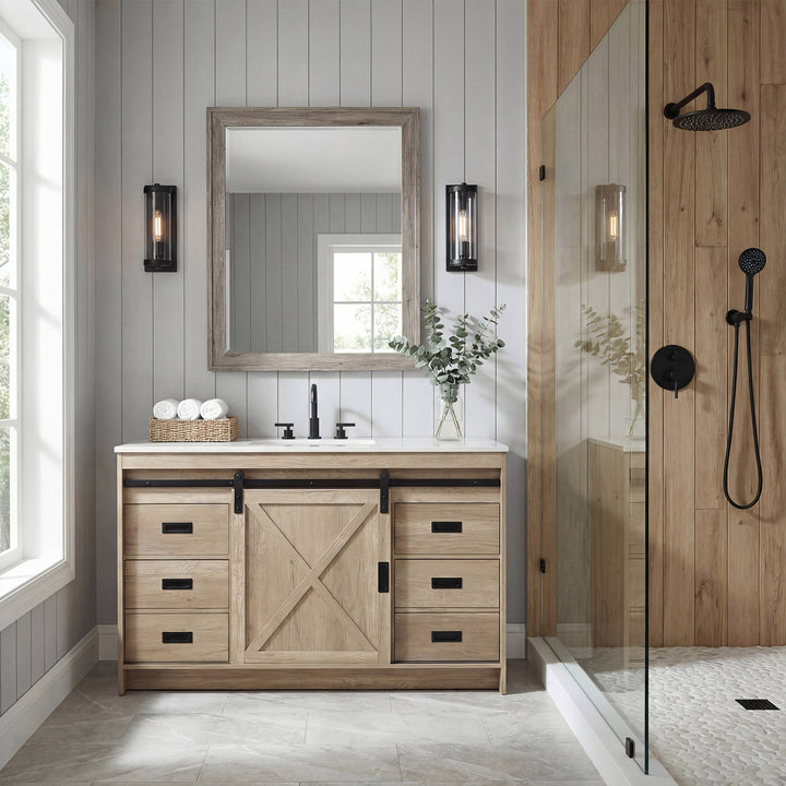 54 Inch Single Bathroom Vanity In Natural Oak - View 2 - Joshua Marshal