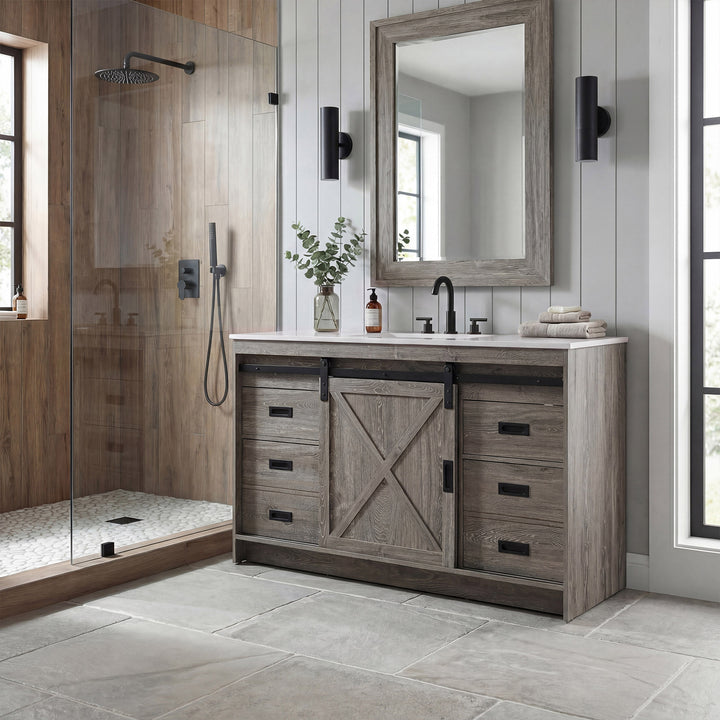 54 Inch Single Bathroom Vanity In Rustic Grey - View 2 - Joshua Marshal