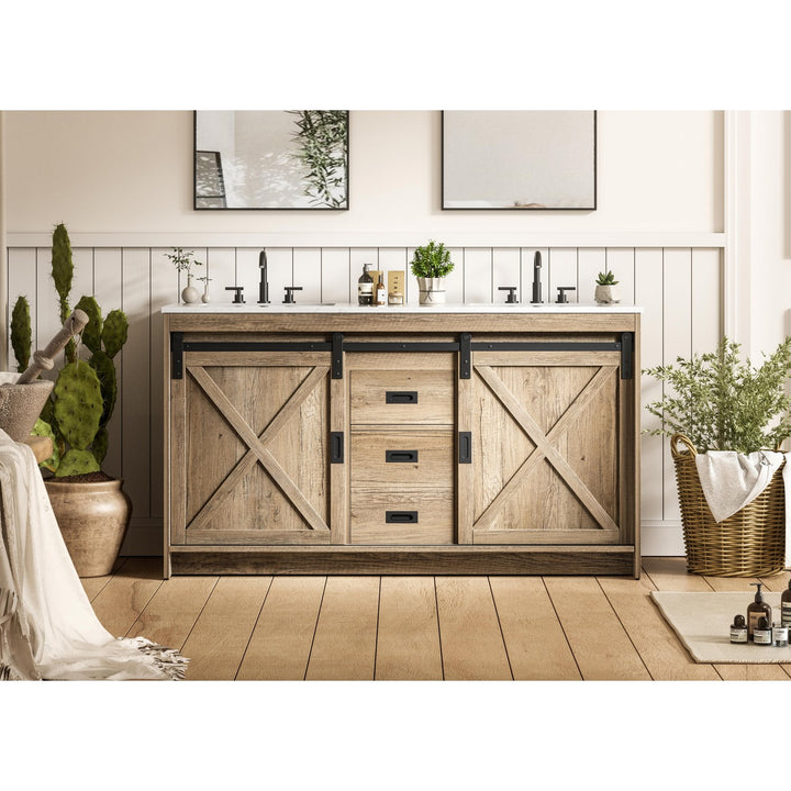 60 Inch Double Bathroom Vanity In Natural Oak Natural Oak Finish - KITCHEN & BATH by Joshua Marshal