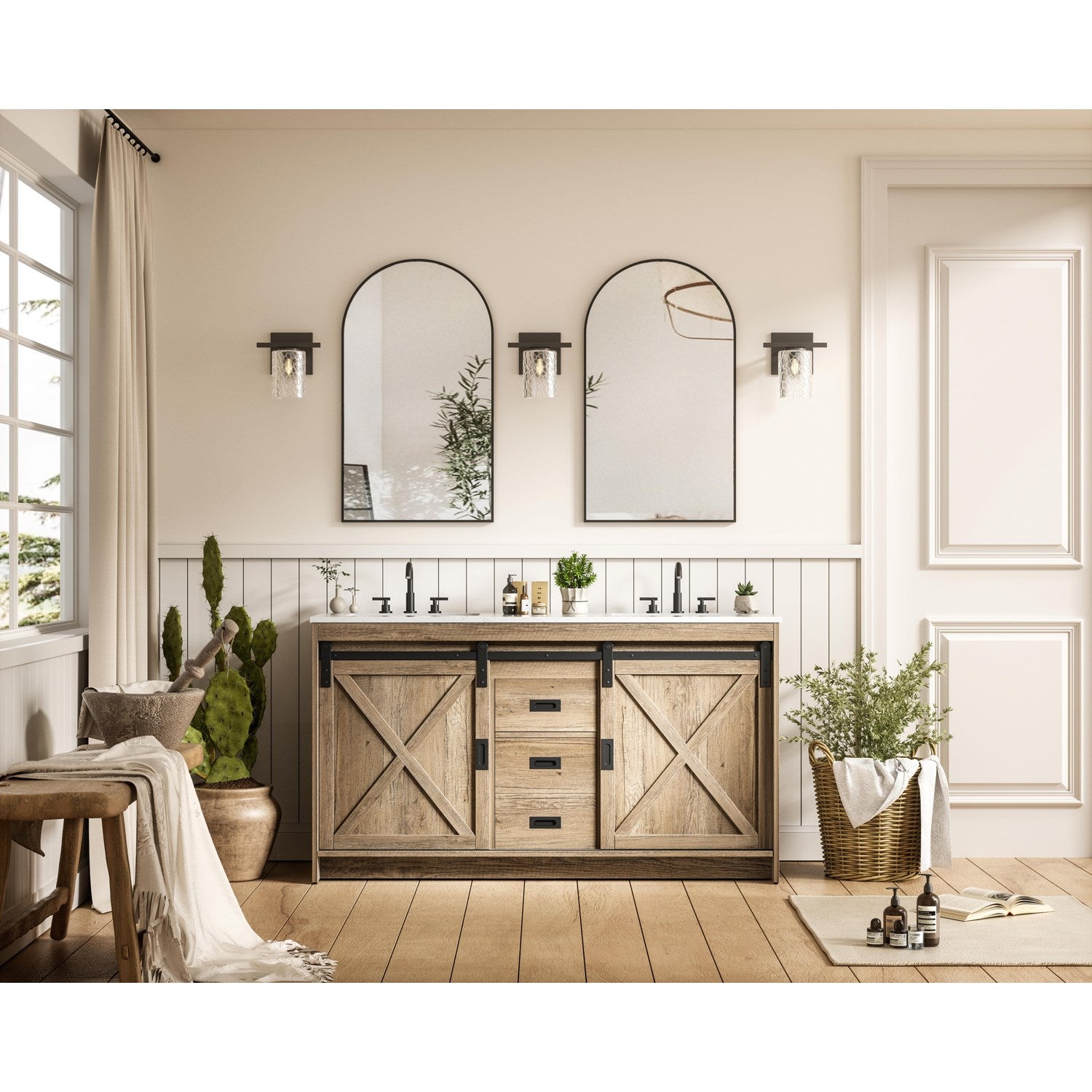 60 Inch Double Bathroom Vanity In Natural Oak - View 2 - Joshua Marshal
