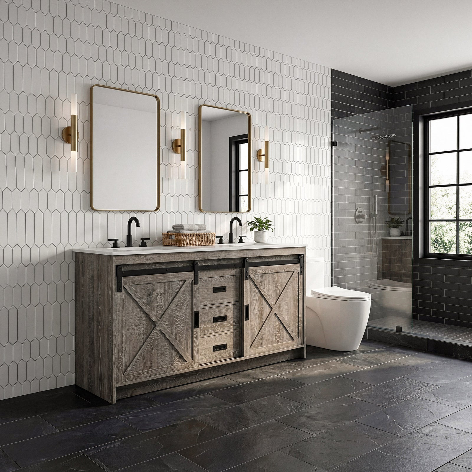 60 Inch Double Bathroom Vanity In Rustic Grey - View 2 - Joshua Marshal