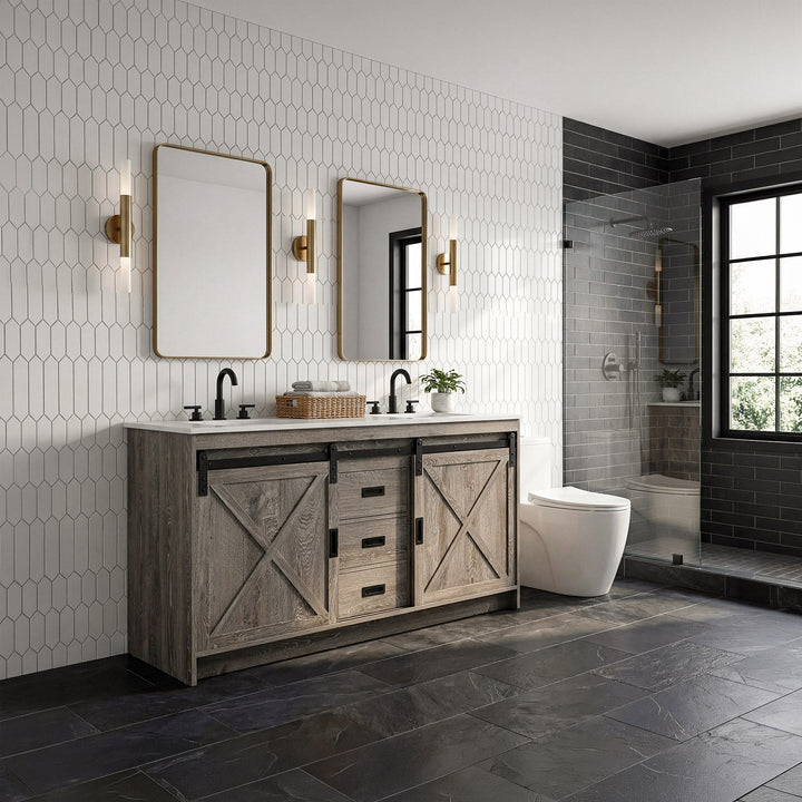 60 Inch Double Bathroom Vanity In Rustic Grey - View 2 - Joshua Marshal