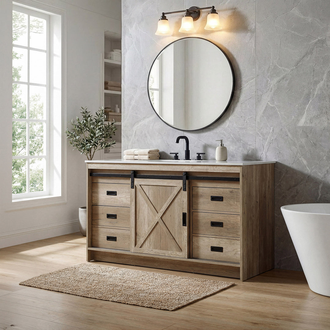 60 Inch Single Bathroom Vanity In Natural Oak - View 2 - Joshua Marshal