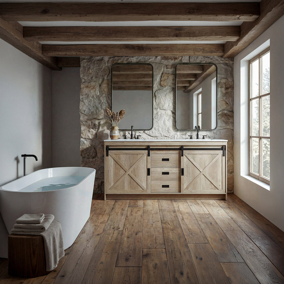 72 Inch Double Bathroom Vanity In Natural Oak - View 2 - Joshua Marshal