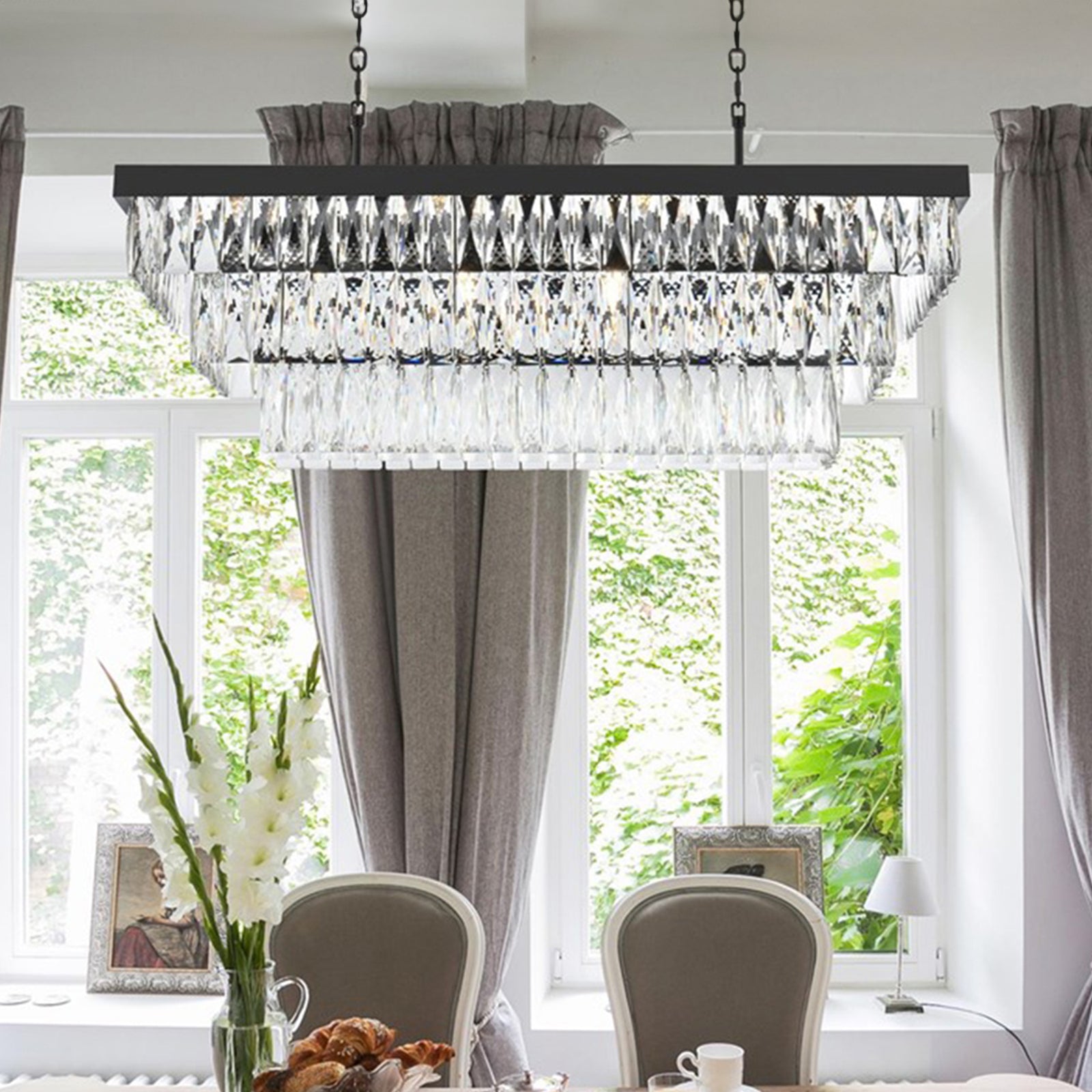 36 Inch Rectangular Rectangular Chandelier In Black Black And Clear Finish - LIGHTING by Joshua Marshal