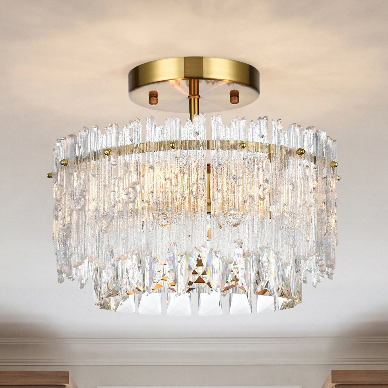 12 Inch Flush Mount In Satin Gold Satin Gold And Clear Finish - LIGHTING by Joshua Marshal