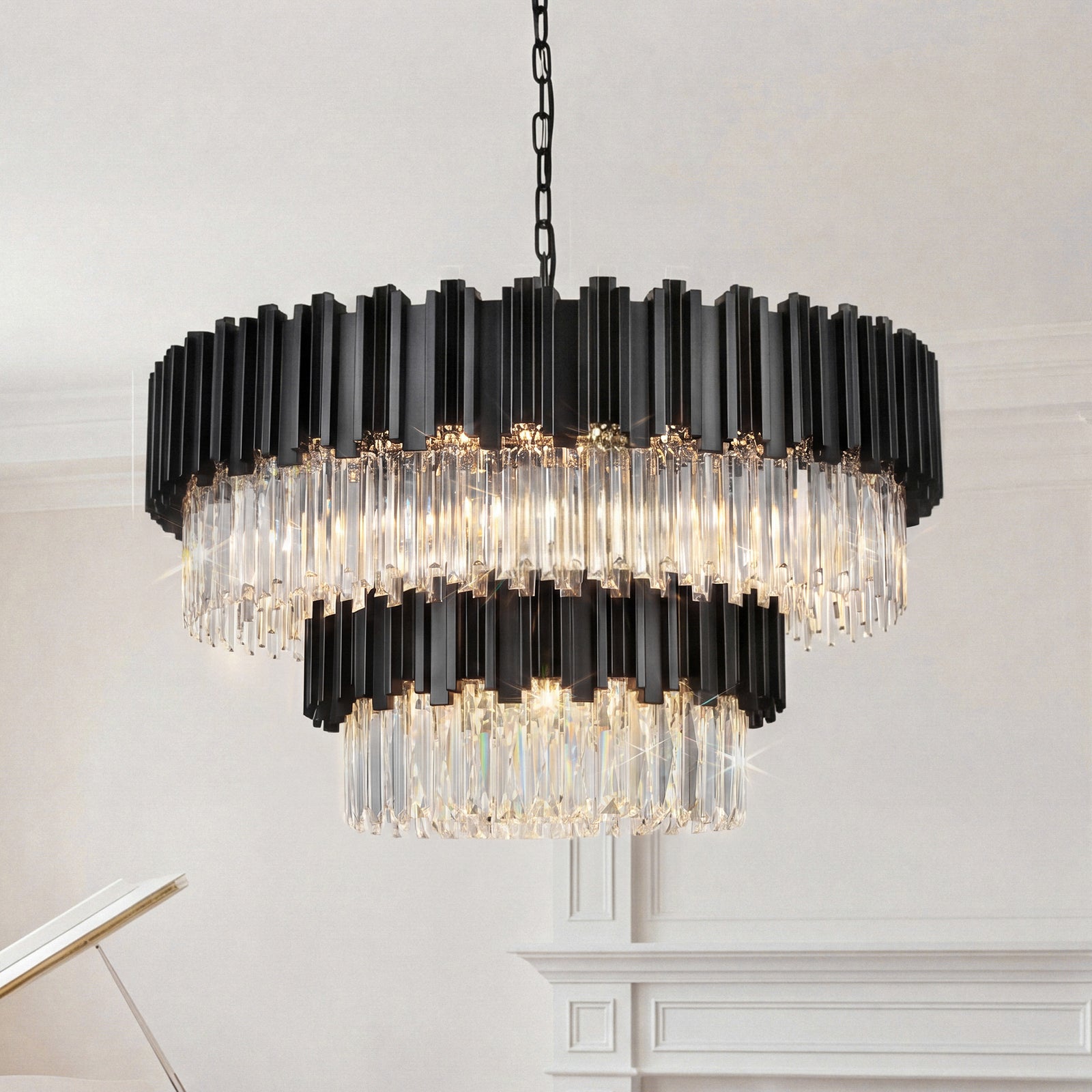 40 Inch Chandelier In Black Black And Clear Finish - LIGHTING by Joshua Marshal