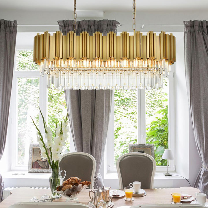 36 Inch Rectangular Chandelier In Satin Gold Satin Gold And Clear Finish - LIGHTING by Joshua Marshal