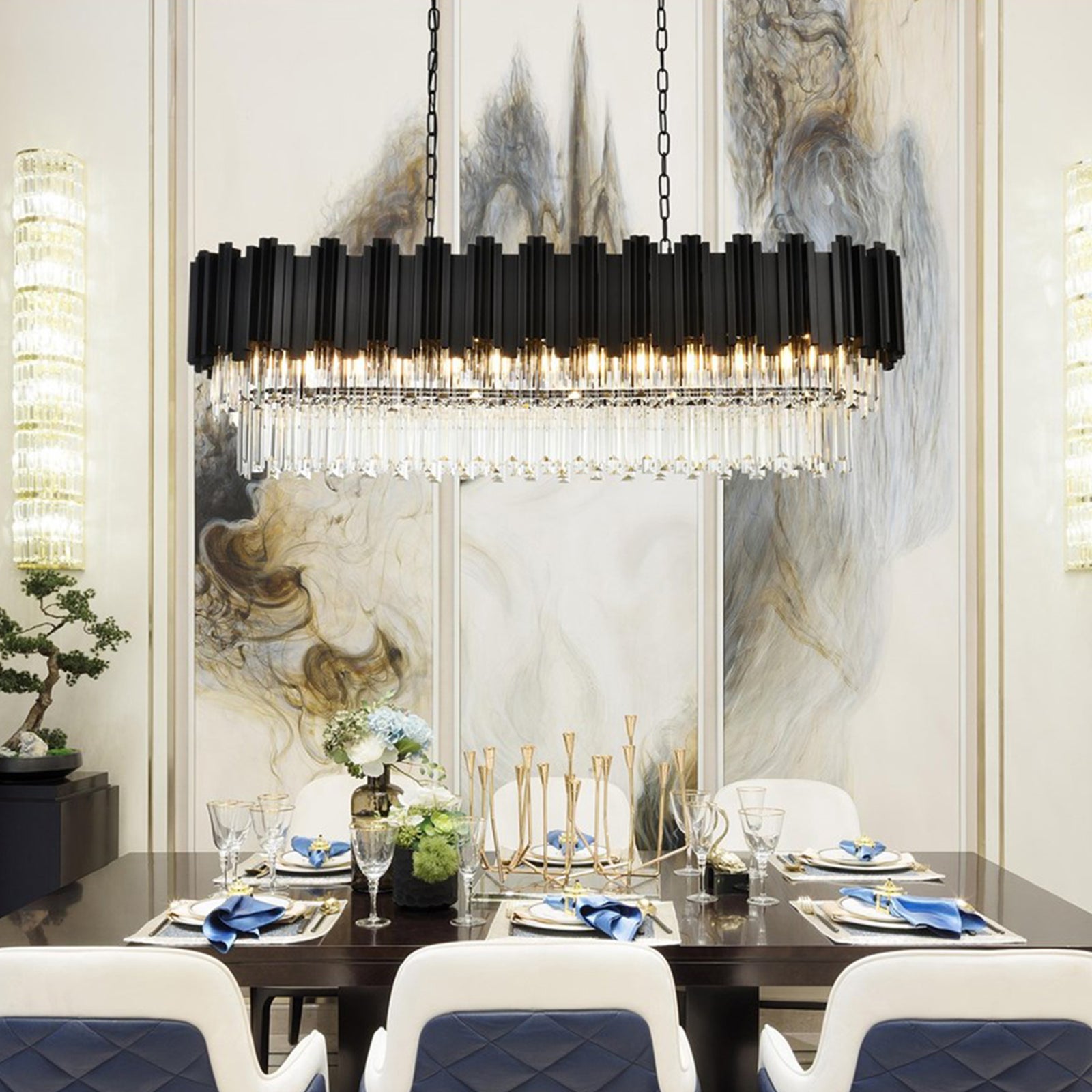 47 Inch Rectangular Chandelier In Black Black And Clear Finish - LIGHTING by Joshua Marshal