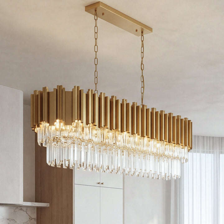 47 Inch Rectangular Chandelier In Satin Gold Satin Gold And Clear Finish - LIGHTING by Joshua Marshal