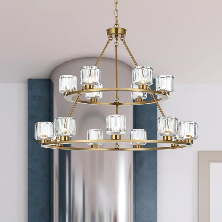 36 Inch Two-Tier Chandelier In Satin Gold Satin Gold And Clear Finish - LIGHTING by Joshua Marshal
