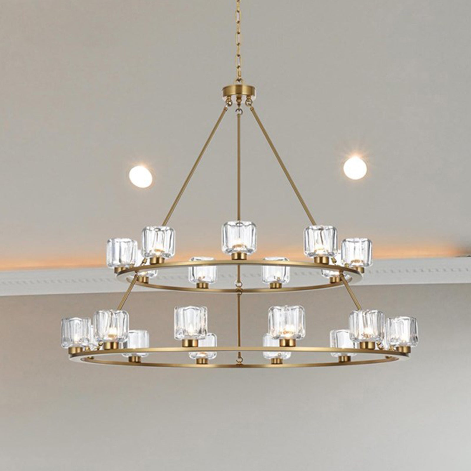 48 Inch Two-Tier Chandelier In Satin Gold Satin Gold And Clear Finish - LIGHTING by Joshua Marshal