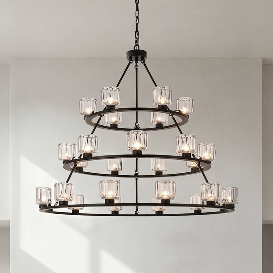 48 Inch Three-Tier Chandelier In Black Black And Clear Finish - LIGHTING by Joshua Marshal