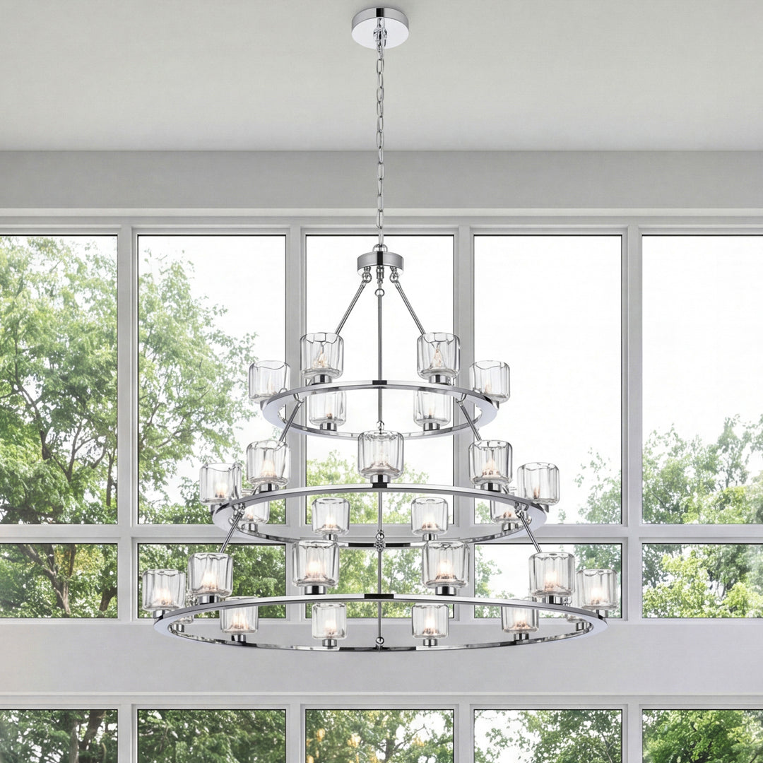 48 Inch Three-Tier Chandelier In Chrome Chrome And Clear Finish - LIGHTING by Joshua Marshal