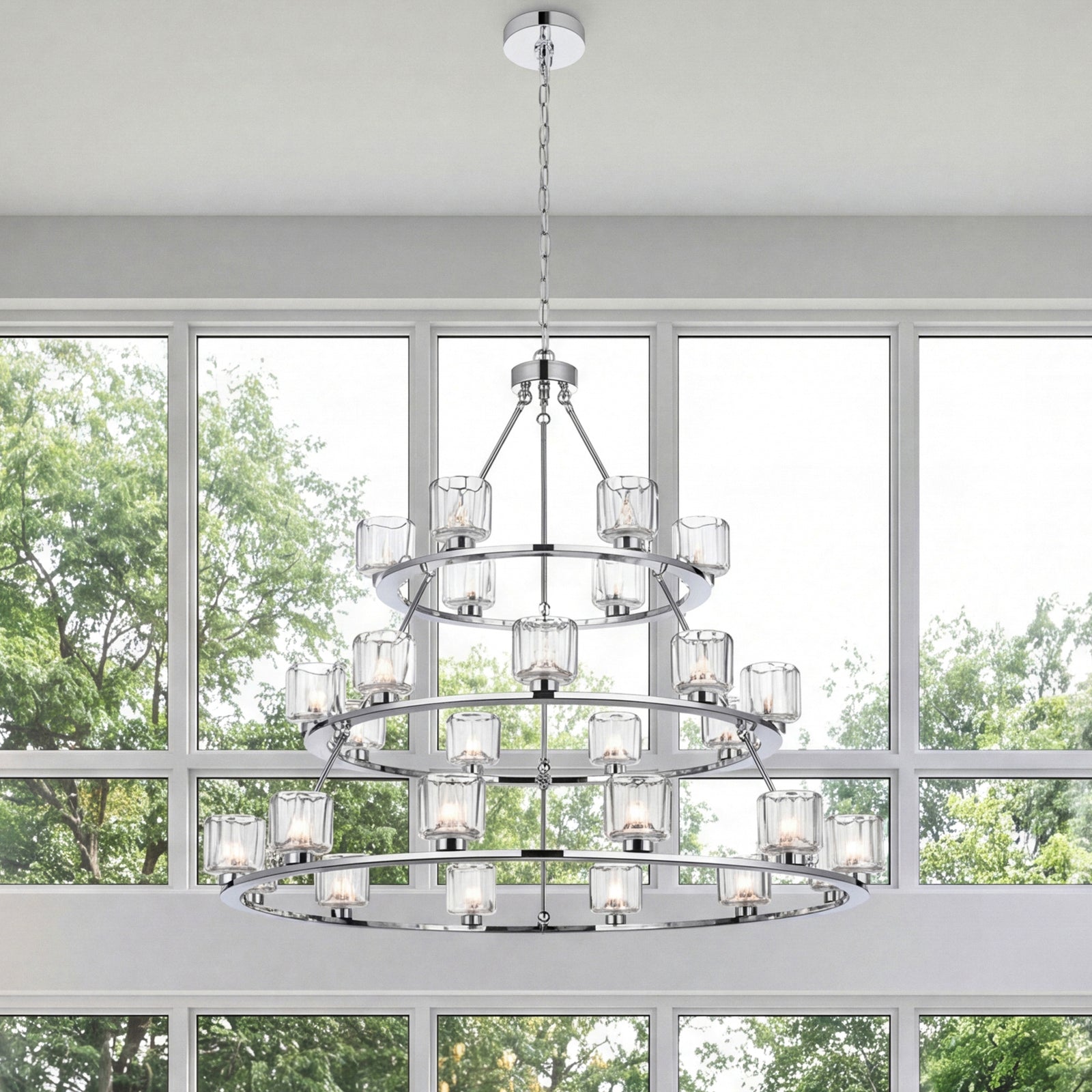 48 Inch Three-Tier Chandelier In Chrome Chrome And Clear Finish - LIGHTING by Joshua Marshal