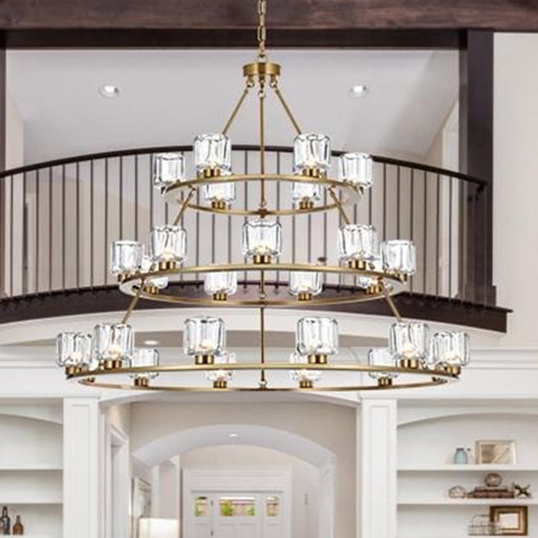 48 Inch Three-Tier Chandelier In Satin Gold Satin Gold And Clear Finish - LIGHTING by Joshua Marshal